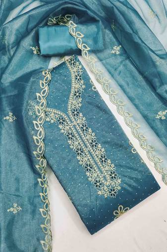sky organza embroidered unstitched dressmaterials 3 pair top bottom dupptaa