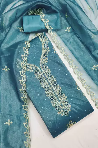 sky organza embroidered unstitched dressmaterials 3 pair top bottom dupptaa