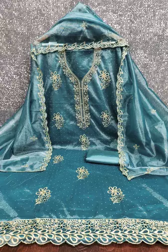 sky organza embroidered unstitched dressmaterials 3 pair top bottom dupptaa