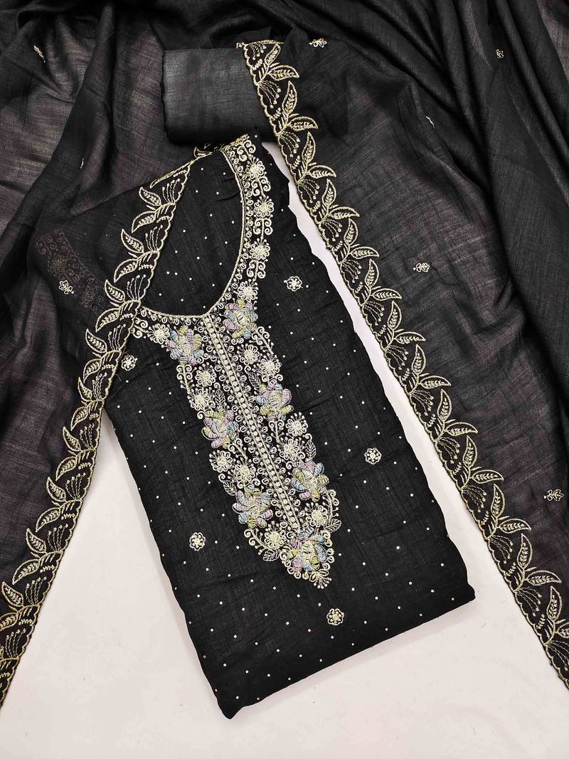 black silk blend embroidered unstitched dressmaterials 3 pair top bottom dupptaa