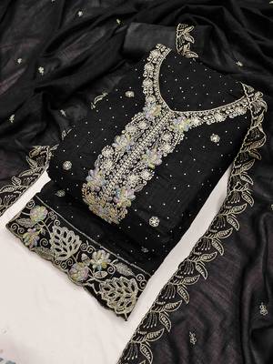 black silk blend embroidered unstitched dressmaterials 3 pair top bottom dupptaa 3