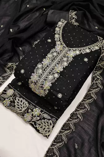 black silk blend embroidered unstitched dressmaterials 3 pair top bottom dupptaa