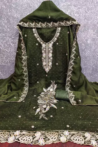 sea green silk blend embroidered unstitched dressmaterials 3 pair top bottom dupptaa