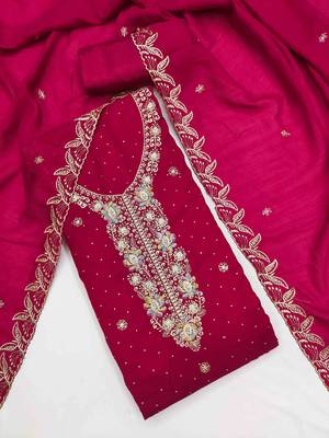 pink silk blend embroidered unstitched dressmaterials 3 pair top bottom dupptaa 1