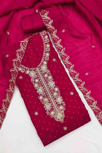pink silk blend embroidered unstitched dressmaterials 3 pair top bottom dupptaa