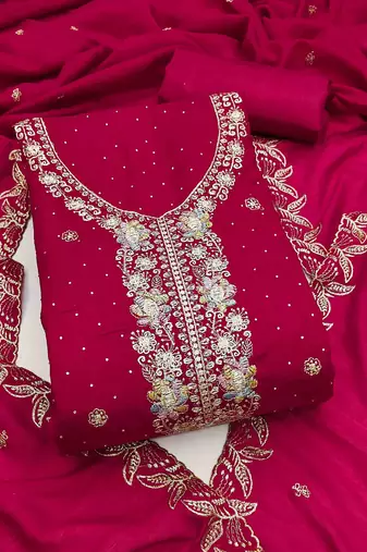 pink silk blend embroidered unstitched dressmaterials 3 pair top bottom dupptaa