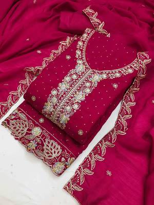 pink silk blend embroidered unstitched dressmaterials 3 pair top bottom dupptaa 3