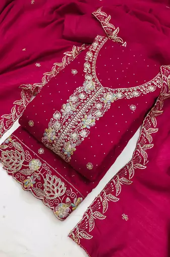 pink silk blend embroidered unstitched dressmaterials 3 pair top bottom dupptaa