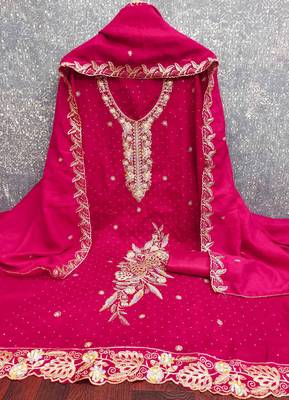 pink silk blend embroidered unstitched dressmaterials 3 pair top bottom dupptaa 4