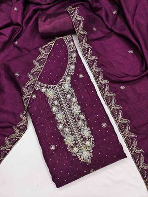 wine silk blend embroidered unstitched dressmaterials 3 pair top bottom dupptaa 1