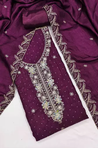 wine silk blend embroidered unstitched dressmaterials 3 pair top bottom dupptaa