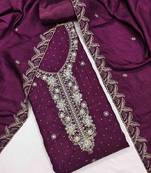 wine silk blend embroidered unstitched dressmaterials 3 pair top bottom dupptaa