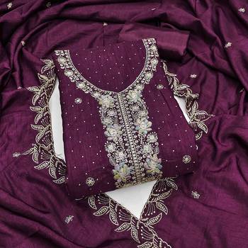 wine silk blend embroidered unstitched dressmaterials 3 pair top bottom dupptaa 2