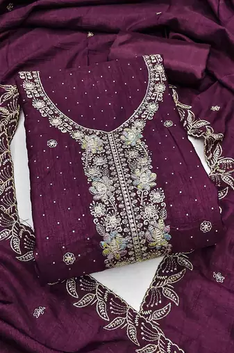 wine silk blend embroidered unstitched dressmaterials 3 pair top bottom dupptaa
