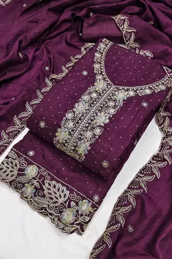 wine silk blend embroidered unstitched dressmaterials 3 pair top bottom dupptaa