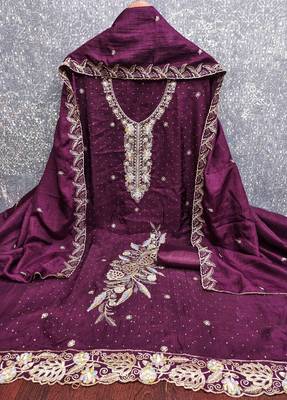 wine silk blend embroidered unstitched dressmaterials 3 pair top bottom dupptaa 4