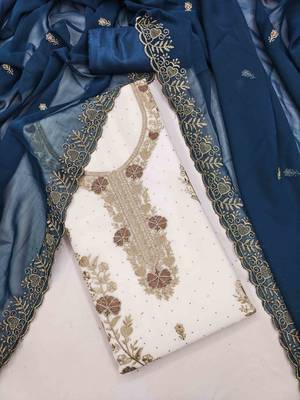 blue georgette embroidered unstitched dressmaterials 3 pair top bottom dupptaa 1