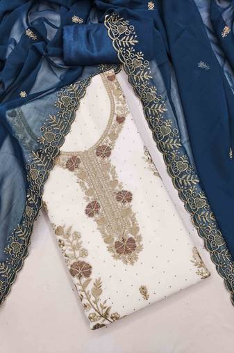 blue georgette embroidered unstitched dressmaterials 3 pair top bottom dupptaa