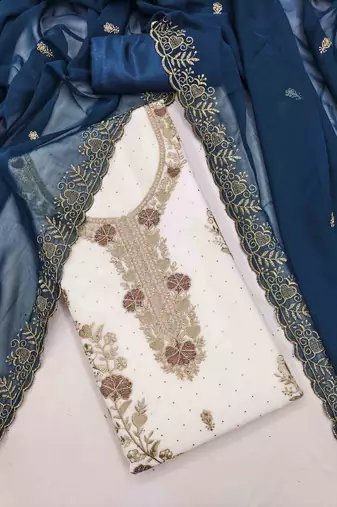 blue georgette embroidered unstitched dressmaterials 3 pair top bottom dupptaa