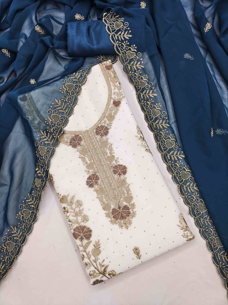 blue georgette embroidered unstitched dressmaterials 3 pair top bottom dupptaa