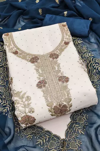 blue georgette embroidered unstitched dressmaterials 3 pair top bottom dupptaa