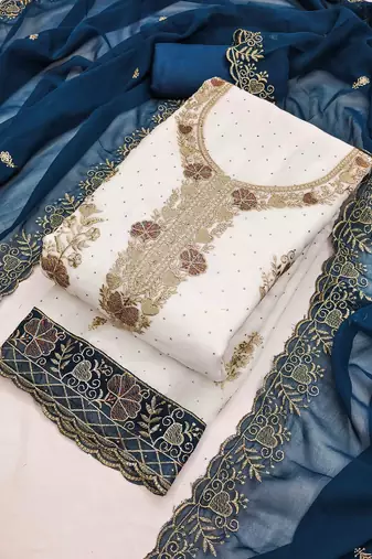 blue georgette embroidered unstitched dressmaterials 3 pair top bottom dupptaa