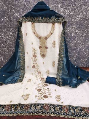 blue georgette embroidered unstitched dressmaterials 3 pair top bottom dupptaa 4