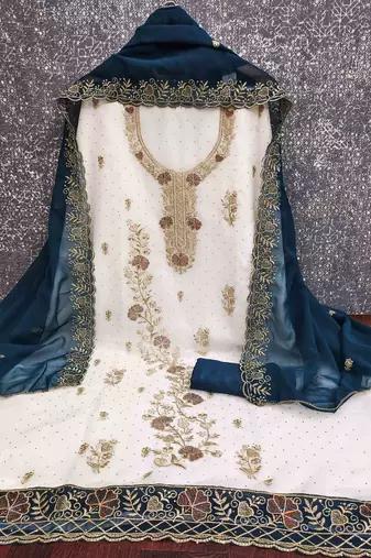 blue georgette embroidered unstitched dressmaterials 3 pair top bottom dupptaa