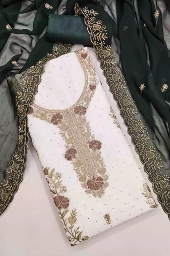 green georgette embroidered unstitched dressmaterials 3 pair top bottom dupptaa