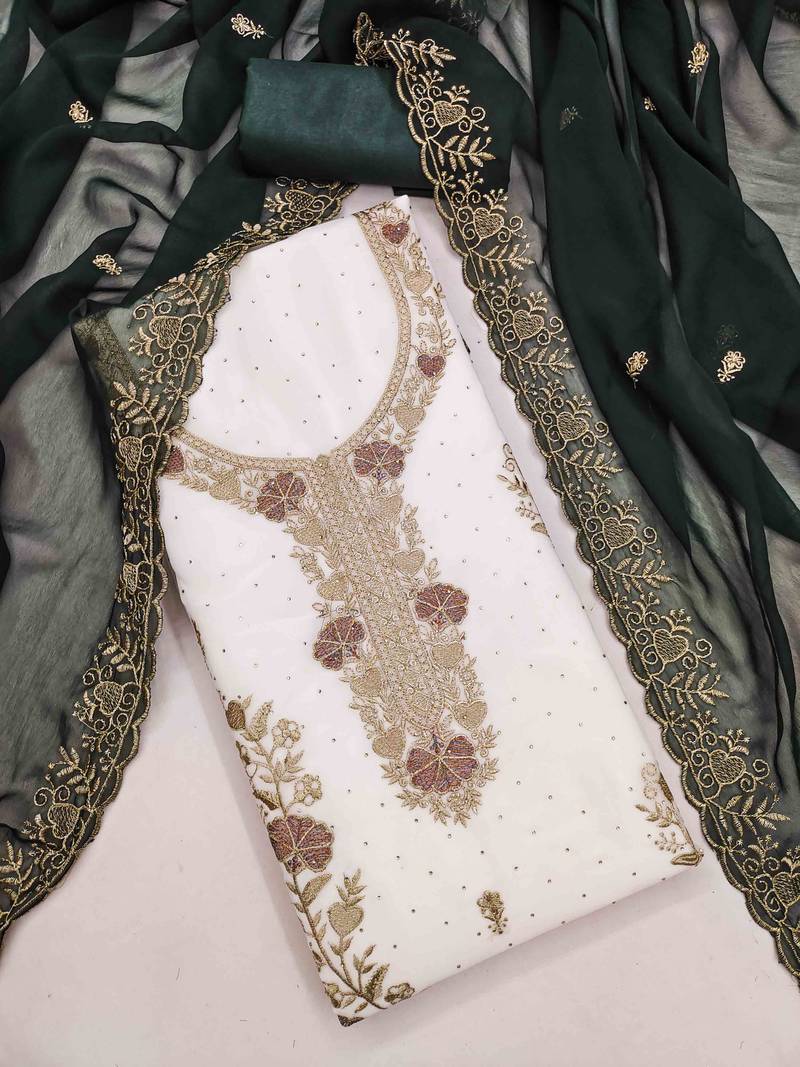 green georgette embroidered unstitched dressmaterials 3 pair top bottom dupptaa
