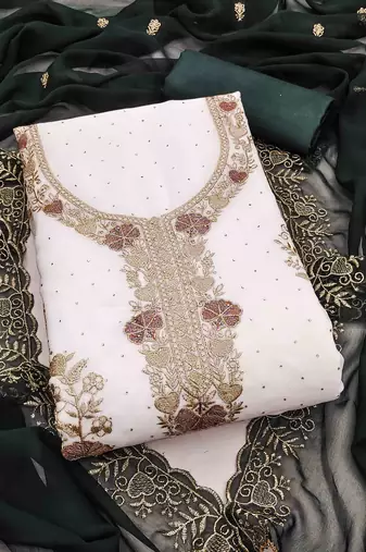 green georgette embroidered unstitched dressmaterials 3 pair top bottom dupptaa
