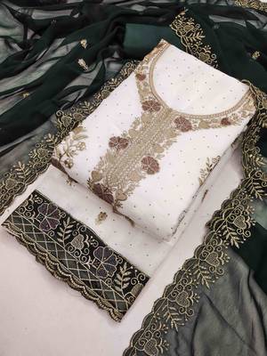 green georgette embroidered unstitched dressmaterials 3 pair top bottom dupptaa 3