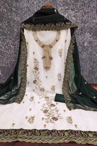 green georgette embroidered unstitched dressmaterials 3 pair top bottom dupptaa