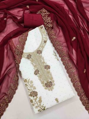 maroon georgette embroidered unstitched dressmaterials 3 pair top bottom dupptaa 1