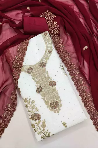 maroon georgette embroidered unstitched dressmaterials 3 pair top bottom dupptaa