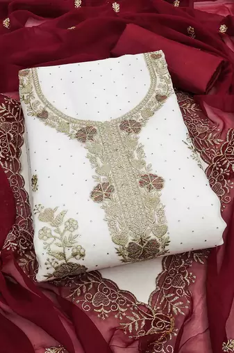 maroon georgette embroidered unstitched dressmaterials 3 pair top bottom dupptaa