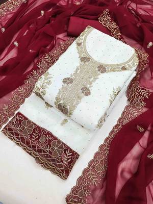 maroon georgette embroidered unstitched dressmaterials 3 pair top bottom dupptaa 3