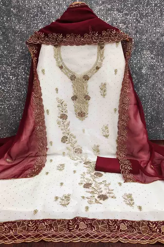 maroon georgette embroidered unstitched dressmaterials 3 pair top bottom dupptaa