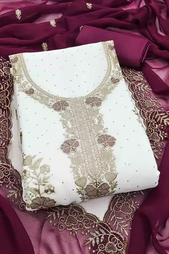 wine georgette embroidered unstitched dressmaterials 3 pair top bottom dupptaa