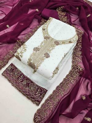 wine georgette embroidered unstitched dressmaterials 3 pair top bottom dupptaa 3