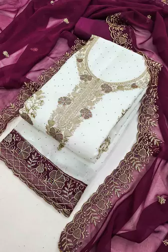 wine georgette embroidered unstitched dressmaterials 3 pair top bottom dupptaa