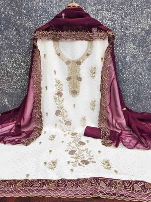 wine georgette embroidered unstitched dressmaterials 3 pair top bottom dupptaa 4
