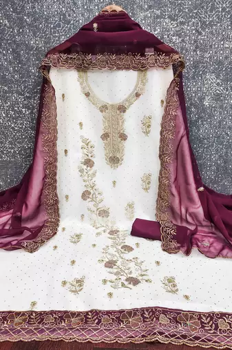 wine georgette embroidered unstitched dressmaterials 3 pair top bottom dupptaa