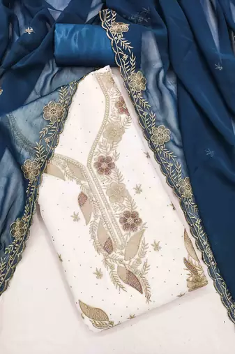 blue georgette embroidered unstitched dressmaterials 3 pair top bottom dupptaa