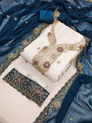 blue georgette embroidered unstitched dressmaterials 3 pair top bottom dupptaa 3