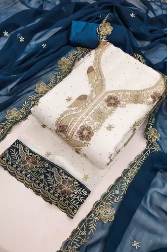 blue georgette embroidered unstitched dressmaterials 3 pair top bottom dupptaa