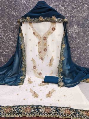 blue georgette embroidered unstitched dressmaterials 3 pair top bottom dupptaa 4