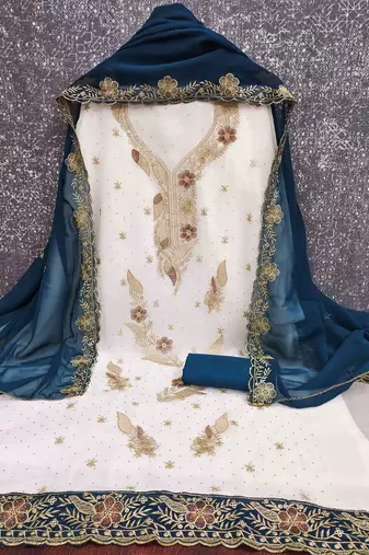 blue georgette embroidered unstitched dressmaterials 3 pair top bottom dupptaa