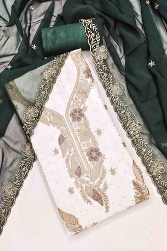 green georgette embroidered unstitched dressmaterials 3 pair top bottom dupptaa