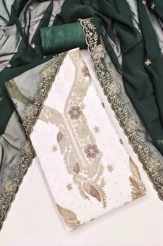 green georgette embroidered unstitched dressmaterials 3 pair top bottom dupptaa